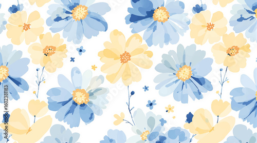 Blue and yellow floral spring background with watercolor, abstract blue background with flowers	