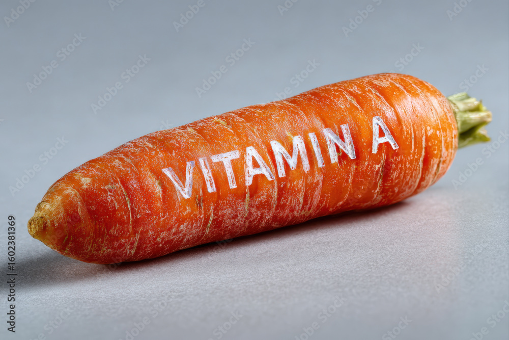 Fresh carrot with carved vitamin a text on white background Fresh carrot with carved vitamin a text on white background