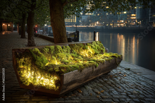Wooden park benches with interactive glowing led moss responding to touch