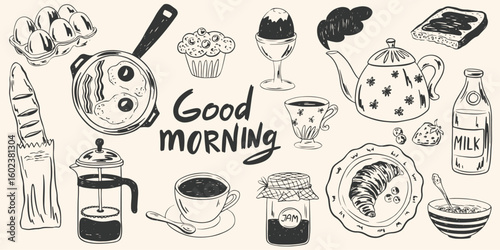 Hand drawn la dolce vita breakfast. Coffee, tea, egg, croissant, food icons in chalk, crayon drawing style. Minimalist line art. Vector illustration for invitations, menus, parties.