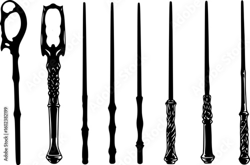 a row of silhouettes of various magic wands, all black against a white background, different designs and sizes