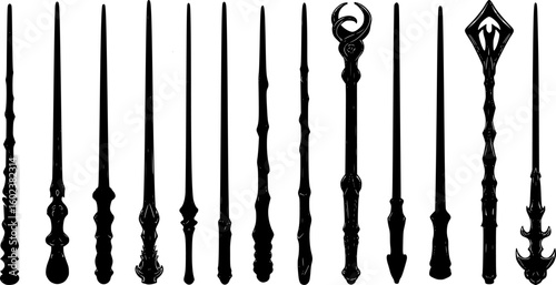 a row of silhouettes of various magic wands, all black against a white background, different designs and sizes