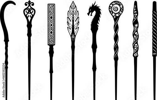 a row of silhouettes of various magic wands, all black against a white background, different designs and sizes