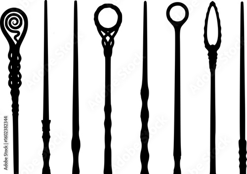 a row of silhouettes of various magic wands, all black against a white background, different designs and sizes