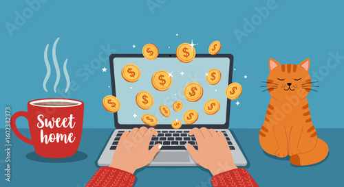 Person earning money online at home with cat and coffee