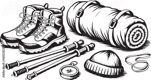 Hiking boots sleeping bag trekking poles compass and beanie vector