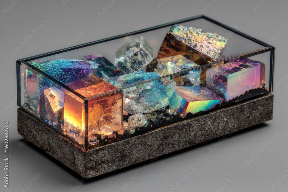 Obraz premium Glass display case with colorful crystals symbolizing preserved digital memes