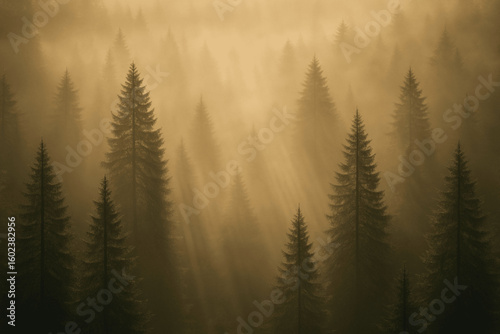  High-resolution photo of a serene coniferous forest at sunrise, filled with soft golden fog