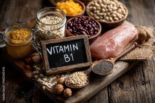 Flat lay of vitamin b1 rich foods with chalkboard on rustic wooden table in daylight