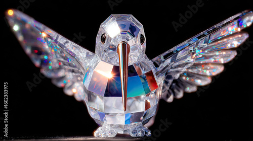 Close-up macro shot of a delicate, transparent crystal bird, crafted with faceted glass-like details, glowing softly under cinematic light. The bird’s delicate wings and beak refract rainbow hues