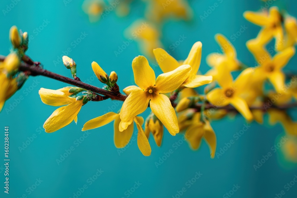 Obraz premium Forsythia intermedia Zoomed in view of tiny yellow blooms on a turquoise backdrop