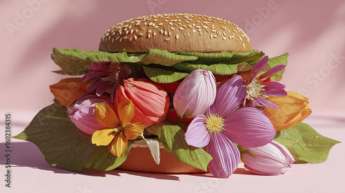 Imaginative burger filled with colorful wildflowers, lush green foliage, and delicate petals replacing traditional ingredients, sesame seed bun isolated on a pink background