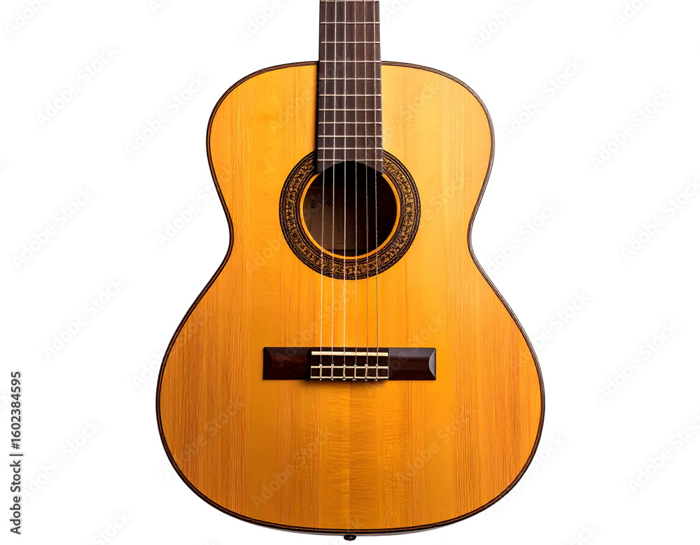 Obraz premium Classic Brown Acoustic Guitar with Natural Wood Finish – Isolated on White