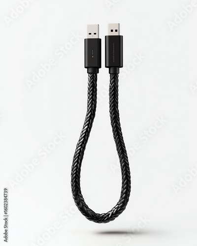 braided charging cable, suspended product shot, luxurious feel, high key brightness, clean white setting