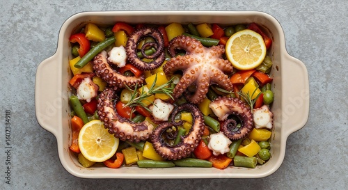 Octopus and vegetables arranged in a baking dish with lemon slices  
