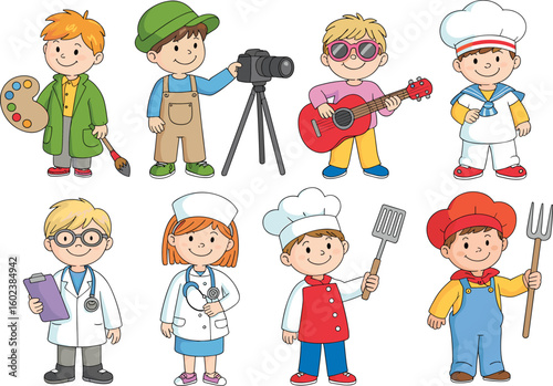 Cartoon characters representing various professions and hobbies, including doctor, chef, farmer, artist, musician, sailor, nurse, and photographer