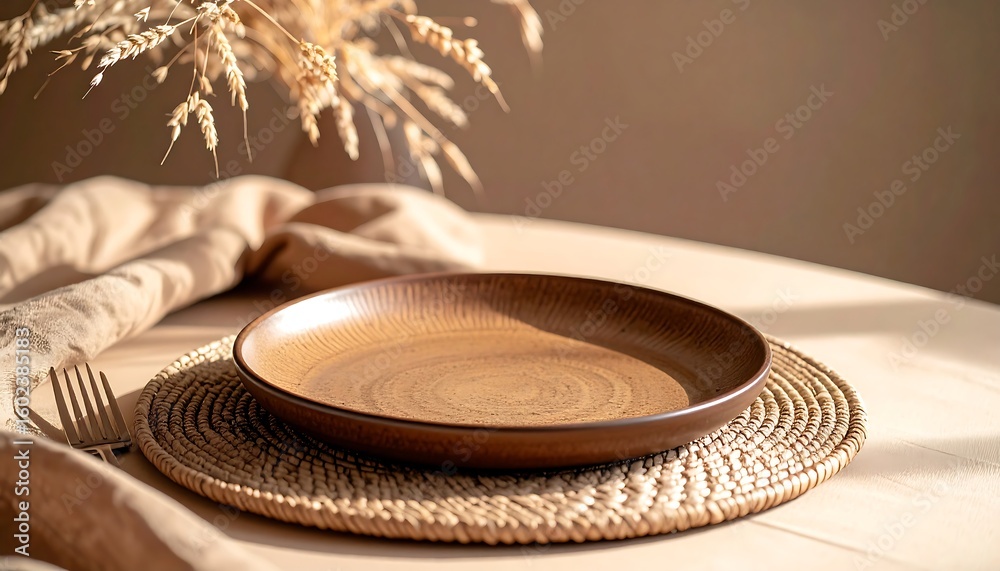 Obraz premium Empty Plate on Table with Wheat Decoration in Soft Natural Light