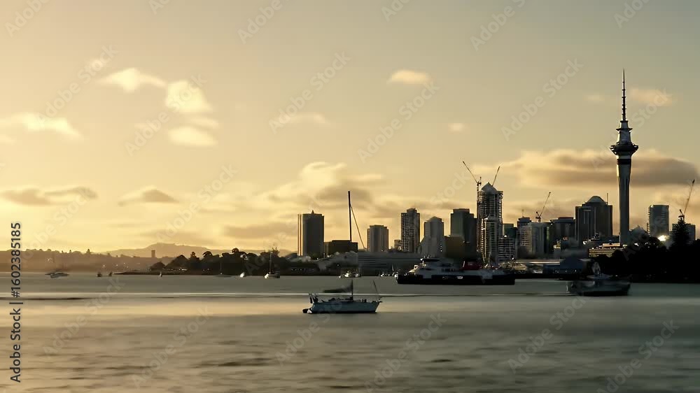 Golden Hour Cityscape Featuring A Calm Harbor Skyline Buildings Water And Sky Golden Hour Cityscape Featuring A Calm Harbor Skyline Buildings Water And Sky