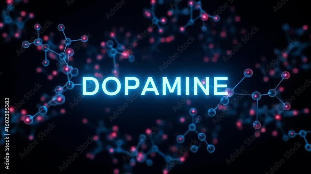 An abstract representation of the dopamine molecule with glowing neon effects