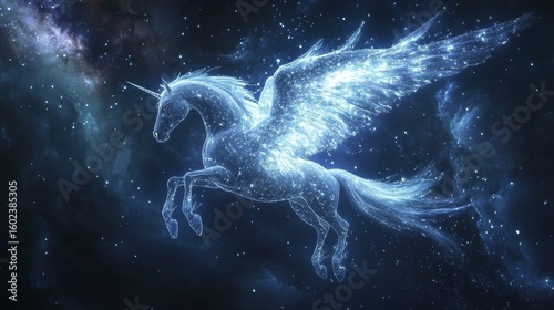 A majestic and celestial scene of Pegasus transforming into a star constellation