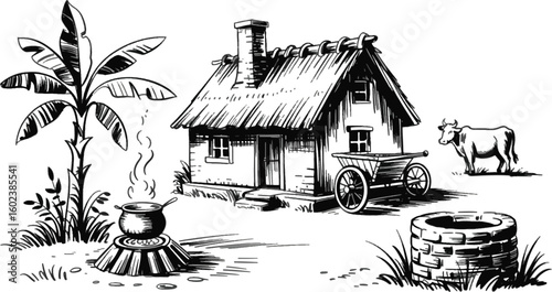 Rustic dwelling with thatched roof and cart beside a cow and well rural chimney