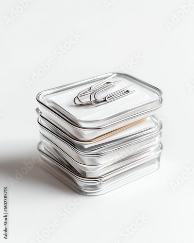magnetic paper clip holder, neatly stacked layout, luxurious feel, high key brightness, plain white scene
