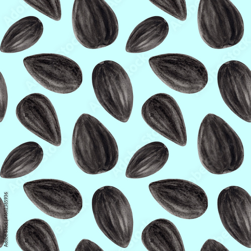 Quadro em tela Sunflower seeds, watercolor seamless pattern on blue background