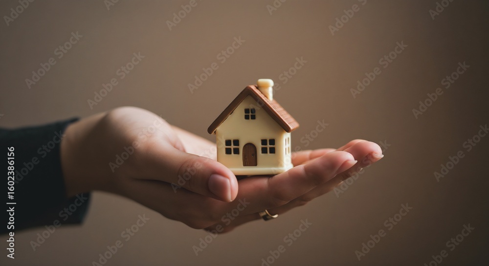 Small house model held in a hand on neutral background Small house model held in a hand on neutral background