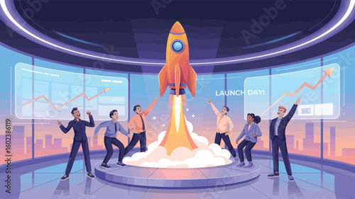  Team celebrates launch day with rocket ignition in modern office, symbolizing innovation, success, startup momentum, and business achievement