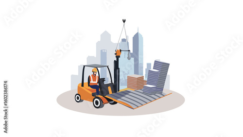 Forklift operator lifting construction materials with a crane in an urban construction site scene