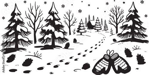 Snowy forest scene with footprints and mittens winter trees