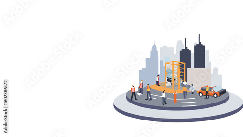 Cityscape scene with people around a platform, a taxi, and buildings in the background with orange accents