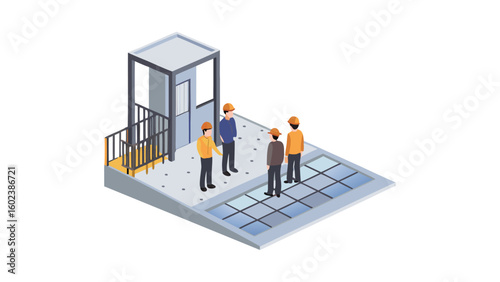 Isometric view of workers with hard hats standing on a platform near a building with solar panels