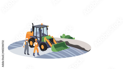 Illustration of a backhoe loader with two workers on a construction site with dirt and grass area