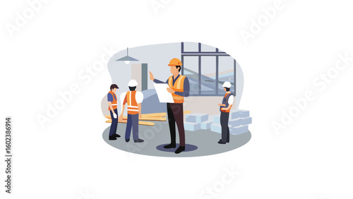 Construction workers discussing plans at a construction site with building materials present indoors