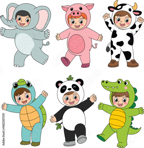 Cartoon children in colorful animal costumes—elephant, pig, cow, turtle, panda, crocodile—ideal for kids events, education, and playful character themes
