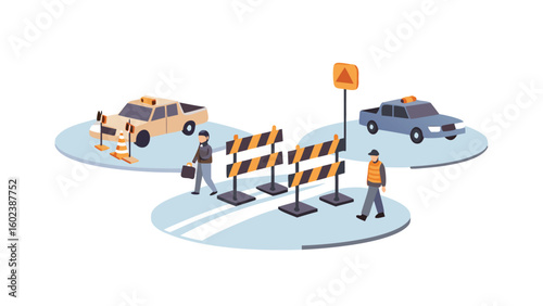 Isometric scene showing road construction with barriers and workers near parked pickup trucks