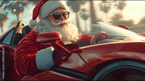 Santa Claus dressed in red and white clothes and sunglasses, driving a red sports car. Snow flies around the car, creating a sense of speed and holiday spirit.