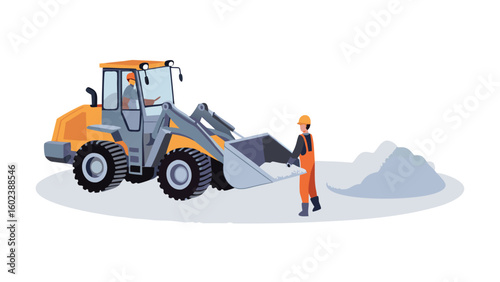 Illustration of a front end loader with two construction workers near a pile of materials