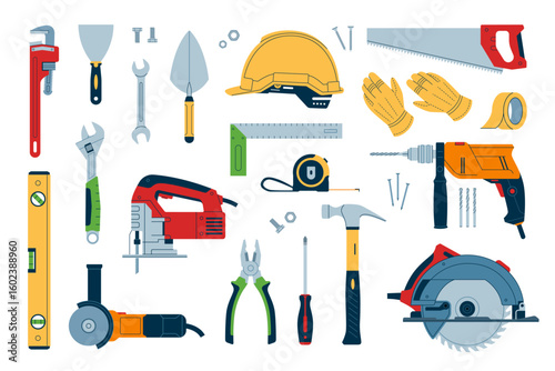 Construction and Repair tools set. Includes hand tools, power tools, protective gear, and fasteners, ideal for building, carpentry equipment, engineering, or handyman themes