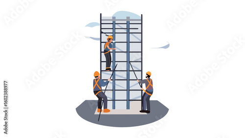 Three construction workers on a tall metal structure wearing safety gear and hard hats at a construction site