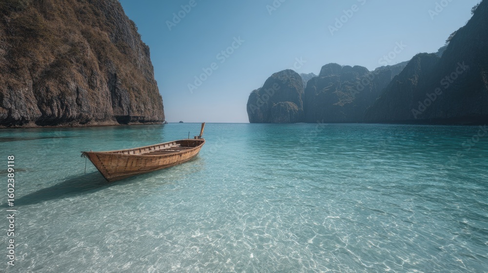 Obraz premium Serene Tropical Waters: A Wooden Boat Amidst Limestone Karsts