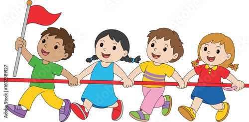 Cartoon children walking together holding a rope, colorful outfits, group activity or parade scene, perfect for education, teamwork, and lifestyle themes