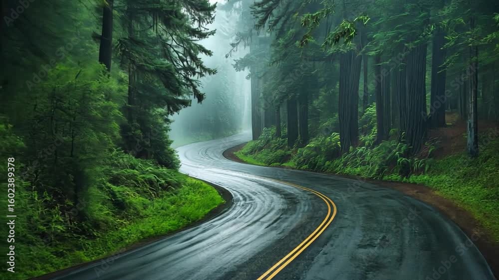 Winding Road in the Forest: An eye-level shot of a serene, winding road disappears into a mist-covered forest, bordered by towering trees and vibrant greenery.