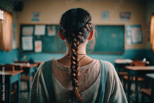 Young woman with braided hair facing a chalkboard in classroom environment on transparent background