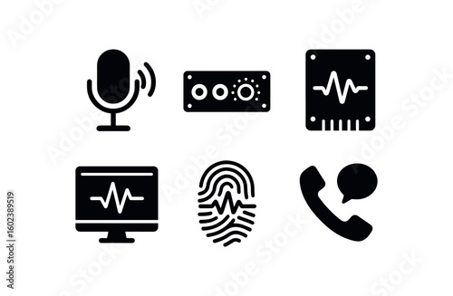 solid icon isolated voice recognition model voice amplifier module voice modulator circuit voice waveform analyzer voice print database voice call interface