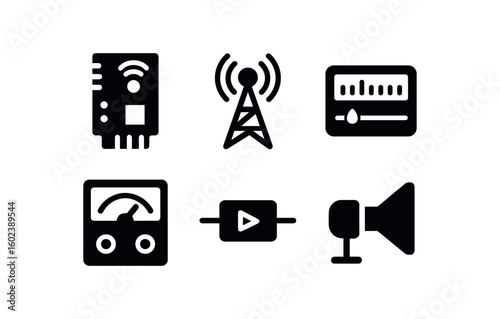 solid icon isolated radio transmitter module radio receiver antenna radio tuning dial radio frequency meter radio signal amplifier radio waveguide feed
