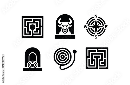 solid icon isolated labyrinth trial puzzle labyrinth guardian sculpture labyrinth compass rose labyrinth secret alcove labyrinth navigation thread labyrinth dead end marker