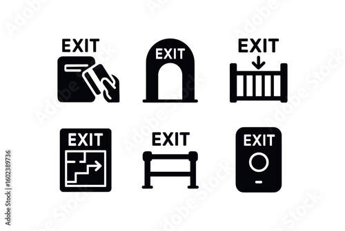solid icon isolated eit keycard reader eit passage arch eit stairwell gate eit evacuation route chart eit safety rail eit override switch