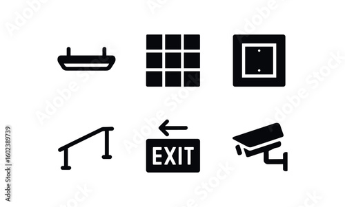 solid icon isolated corridor fluorescent corridor tile floor corridor ceiling panel corridor handrail bar corridor eit sign corridor security camera